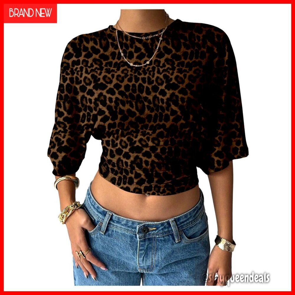 Leopard Print Cinched Waist Crop Top Half Sleeve Crew Neck Ruched Tee